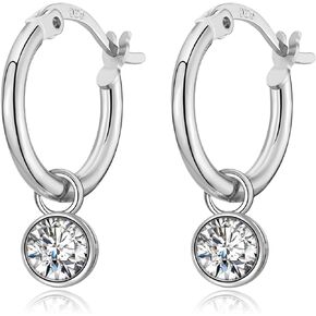 Dangle Hoop Earrings for Women Girls, 925 Sterling Silver Hoop Earrings with Charms Tiny Baguette Round Teardrop Trio Cubic Zirconia Pearl Drop Dangling Cartilage Helix Tragus Diamond Jewelry Gifts