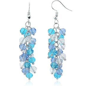 Gem Stone King 2 Inch Ocean Blue Cluster Faceted Crystal Dangle Hook Earrings For Women 2 Inch
