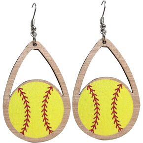 Retro Sports Ball Wooden Dangle Earrings Dainty Baseball Print Wood Earrings for Women Girls Jewelry
