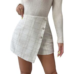 OYOANGLE Women's Elegant Plaid Print Tweed Skort High Waist Button Front Wrap Skirt Shorts