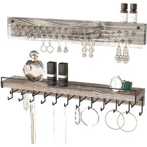J JACKCUBE DESIGN Wall Mount Necklace Holder Jewelry Hanger with 23 Hook Necklace & Bracelet Racks, Rustic Farmhouse Wood Earring Display with Clear Acrylic - MK585A