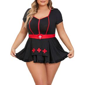 WDIRARA Women's Plus Size Nurse Costume Cosplay Zip Front Halter Lingerie Set with Headband