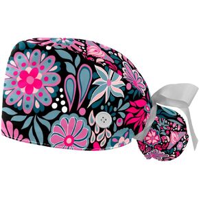 2 Packs Vivid Flower Nurse Scrub Caps Women Long Hair, Adjustable Tie Back Skull Hat, One Size Working Head Cover Multicoloured 10 Medium-3X-Large