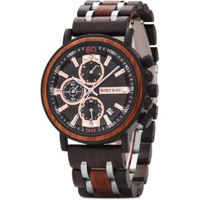 BOBO BIRD S18-1 Mens Wood Watch Stylish Wooden Stainless Steel Combined Chronograph with Luminous Pointers Fashion Timepiece for Men