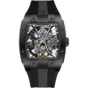 Luxury Brand Sport Watch for Men Square Tonneau Skeleton Steel Carbon Fibre Automatic Mechanical Watch Rubber Strap Watches EM-S