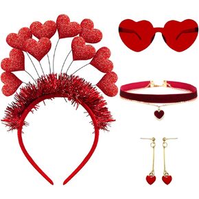 Valentines Day Heart Headband and Red Heart Sunglasses for Women Girls Valentine Props Wedding Brida Halloween Halo Crown Goddess Tiara Headpiece Costume Accessory