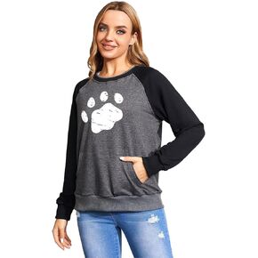 Women T-Shirt Long Sleeve Cute Puppy Paw Print Blouse Round Neck Pullover Tunic Shirt