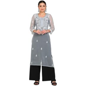 Women's Lucknow Chikankari Hand Embroidered Georgette Kurta/Kurti (Inner Not Included)