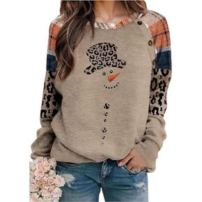 Christmas Snowman Leopard Tunic for Women Color Block Casual Long Sleeve Striped Blouse Round Neck Pullover T Shirt Tops