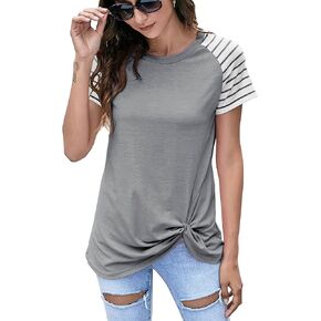koitmy Women's Short Sleeve Raglan Twist Knotted Tops T Shirt Tunics Blouses