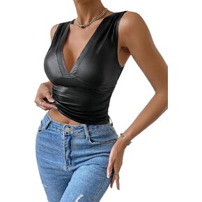 MakeMeChic Women's Faux Leather Sleeveless V Neck Ruched Camisole Crop Tank Top