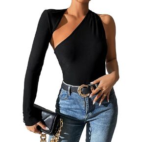 Floerns Women's Aysmmertical Neck Cut Out Front Solid Long Sleeve Tee Shirt Top