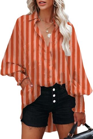 قمصان CHYRII النسائية الكاجوال بأزرار سفلية ورقبة على شكل حرف V وأكمام طويلة مع جيوب in Kuwait