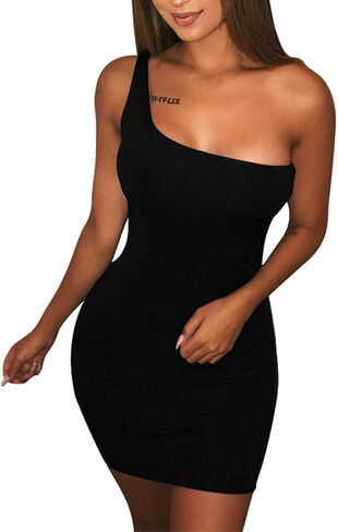 BORIFLORS Women's Casual Basic One Shoulder Tank Top Bodycon Mini Club Dress in Kuwait