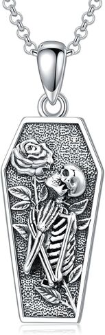 YOSOPRETTY Skull Rose Necklace 925 Sterling Silver Skeleton Coffin Pendant Necklace Gothic Skull Jewelry Gifts for Women Men Goth Lovers Halloween, Sterling Silver, No Gemstone in Kuwait