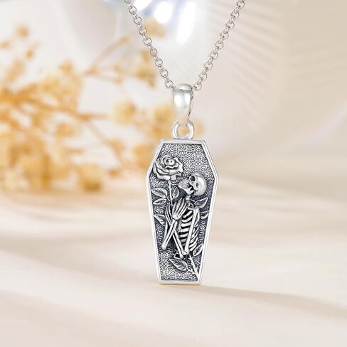 YOSOPRETTY Skull Rose Necklace 925 Sterling Silver Skeleton Coffin Pendant Necklace Gothic Skull Jewelry Gifts for Women Men Goth Lovers Halloween, Sterling Silver, No Gemstone in Kuwait