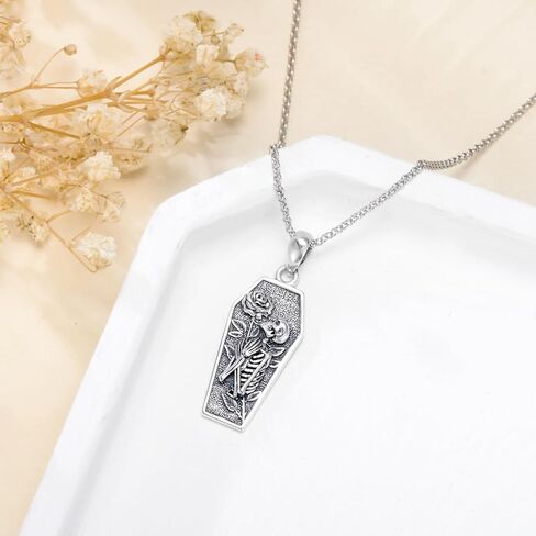 YOSOPRETTY Skull Rose Necklace 925 Sterling Silver Skeleton Coffin Pendant Necklace Gothic Skull Jewelry Gifts for Women Men Goth Lovers Halloween, Sterling Silver, No Gemstone in Kuwait