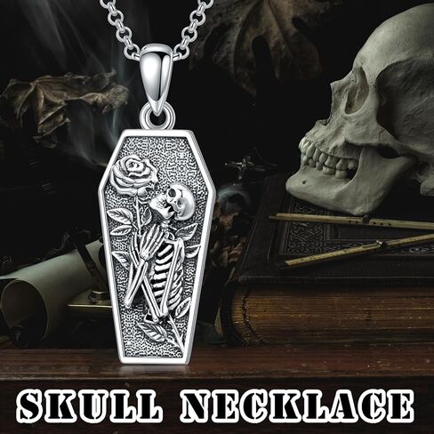 YOSOPRETTY Skull Rose Necklace 925 Sterling Silver Skeleton Coffin Pendant Necklace Gothic Skull Jewelry Gifts for Women Men Goth Lovers Halloween, Sterling Silver, No Gemstone in Kuwait