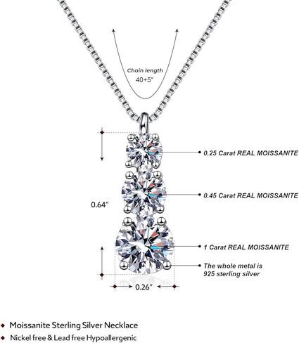 قلادة GUYOICHT مويسانيتي 3 أحجار من الفضة الإسترليني عيار 925، 0.9 قيراط tw./1.7 قيراط tw. قلادات قلادة مويسانيتي دائرية الشكل للنساء والفتيات، سلسلة 16+2 بوصة in Kuwait