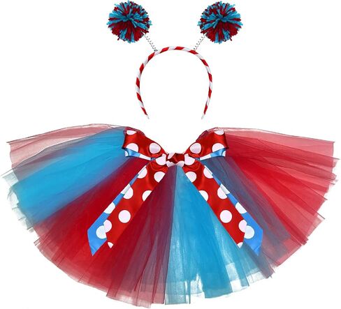 فستان توتو أزرق من بوربيلين، تنورة حمراء مع عصابة رأس، أزياء تنكرية، إكسسوارات للحفلات للنساء in Kuwait