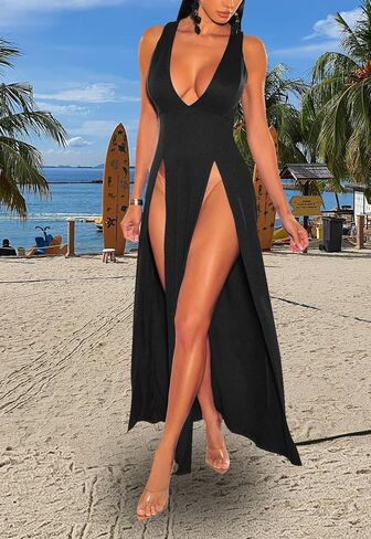 Women's Sexy V Neck Sleeveless High Split Club Party Maxi Dresses in Saudi Arabia