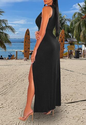 Women's Sexy V Neck Sleeveless High Split Club Party Maxi Dresses in Saudi Arabia
