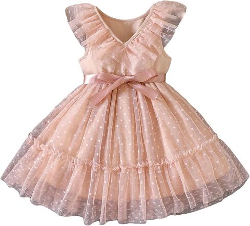 OYOANGLE Girl's Summer V Neck Sleeveless Dots Mesh Casual Elegant Ruffle Trim Belted Dress in Saudi Arabia