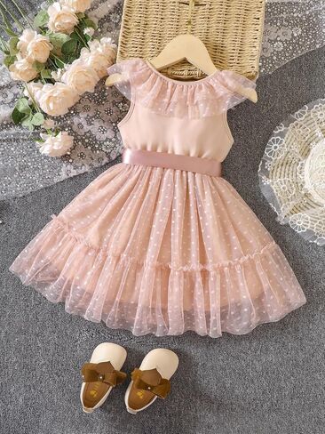 OYOANGLE Girl's Summer V Neck Sleeveless Dots Mesh Casual Elegant Ruffle Trim Belted Dress in Saudi Arabia