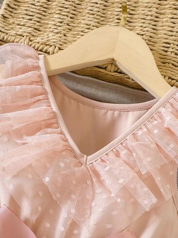 OYOANGLE Girl's Summer V Neck Sleeveless Dots Mesh Casual Elegant Ruffle Trim Belted Dress in Saudi Arabia