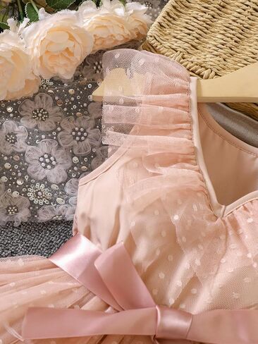 OYOANGLE Girl's Summer V Neck Sleeveless Dots Mesh Casual Elegant Ruffle Trim Belted Dress in Saudi Arabia