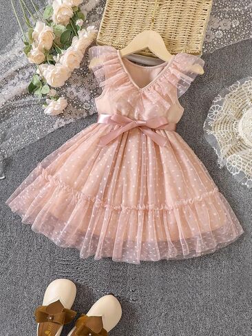 OYOANGLE Girl's Summer V Neck Sleeveless Dots Mesh Casual Elegant Ruffle Trim Belted Dress in Saudi Arabia