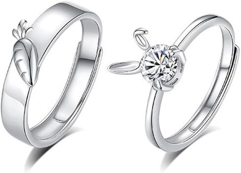 Kokoma Cute Rabbit and Carrot Matching Couple Rings for Him and Hers Crystal Diamond Animal Pet Sterling Silver Open Finger Ring Band Engagement Promise Rings Eternity Rings Adjustable, Crystal, Cubic in Saudi Arabia
