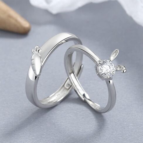 Kokoma Cute Rabbit and Carrot Matching Couple Rings for Him and Hers Crystal Diamond Animal Pet Sterling Silver Open Finger Ring Band Engagement Promise Rings Eternity Rings Adjustable, Crystal, Cubic in Saudi Arabia