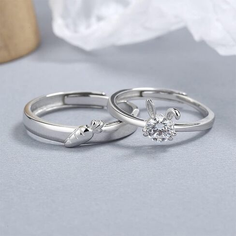 Kokoma Cute Rabbit and Carrot Matching Couple Rings for Him and Hers Crystal Diamond Animal Pet Sterling Silver Open Finger Ring Band Engagement Promise Rings Eternity Rings Adjustable, Crystal, Cubic in Saudi Arabia