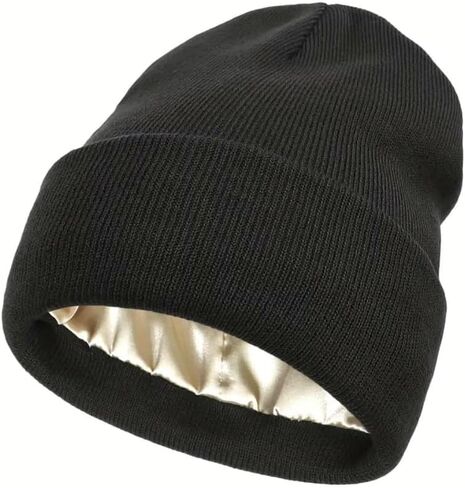 Satin Lined Beanie Hat Cap for Men and Women Winter Warm Fleece Skull Cap Beanies Black in Saudi Arabia