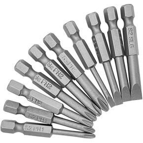 10Pcs Magnetic Slotted Phillips Screwdriver Bit Set with 1/4 Inch Hex Shank, Flat Slotted + Cross Head Drive Bits S2 Steel for Power Screwdriver Drill Impact Driver (2-inch/50mm Length)