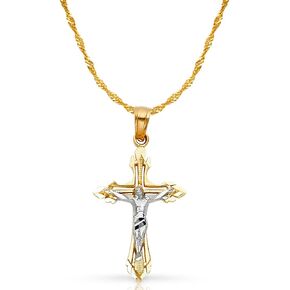14K Two Tone Gold Jesus Crucifix Cross Pendant with 1.2mm Singapore Chain Necklace