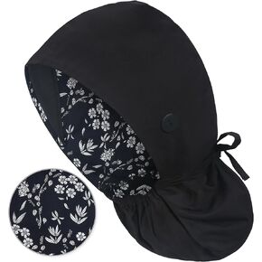 Working Cap with Button, Adjustable Cotton Lined Scrub Hat, Cotton Working Hat Sweatband, Elastic Bandage Tie Back Hats