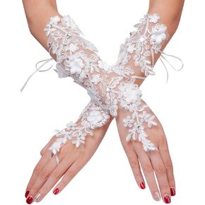 Bridal Lace Gloves White Fingerless Crystal Gloves Flower Rhinestone Wedding Gloves for Women Tea Party Opera