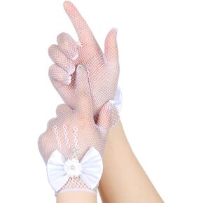Lace Short Princess Gloves,Bow Fish Net Gloves for Wedding, White Pearl Party Gloves for Girls Women