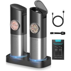Ultrean Gravity Electric Salt and Pepper Grinder Set - USB Rechargeable With Dual Charging Base - Adjustable Fineness - One Handed Operation, Stainless Steel Construction, Auto Dust Lids, LED Light