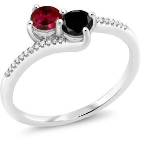 Gem Stone King 10K White Gold Forever United 2 Stone Red Created Ruby and Black and White Diamond Engagement Ring For Women (0.69 Cttw, Round 4MM, Avaiable in Size 5,6,7,8,9)