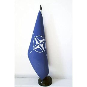 AZ FLAG NATO Table Flag 5'' x 8'' - North Atlantic Treaty Organization Desk Flag 21 x 14 cm - Black Plastic Stick and Base