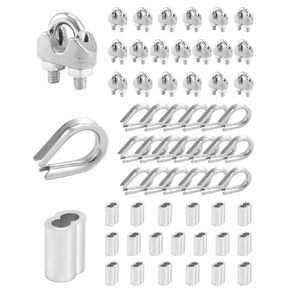 QWORK 60Pcs M3 Wire Rope Cable Clip Accessory Set (3 Styles, 20Pcs Each), M3 Wire Rope Cable Clip Clamp, M3 Stainless Steel Thimble, M3 Aluminum Crimping Loop Sleeve for 1/8" Wire Rope Cable