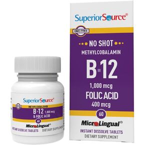 Superior Source No Shot Vitamin B12 Methylcobalamin (1000 mcg), Folic Acid, Quick Dissolve MicroLingual Tablets, 60 Count, Active Form of B12, Increase Energy, Healthy Heart, Boost Metabolism, Non-GMO