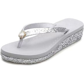 Women's Crystal Sequin Low Heel Flip Flops, Summer Arch Support Flip Flop Sandals, Non Slip Glitter Sequin Flip Flops.