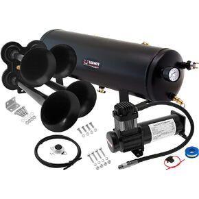Vixen Horns Train Horn Kit for Trucks/Car/Semi. 200psi Air Compressor 3 Gallon Tank 4 Trumpets. 12v VXO8330B/4114B