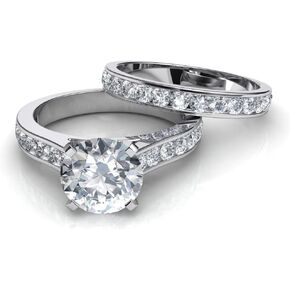 طقم خاتم خطوبة وحزام زفاف مويسانيتي 1.0 قيراط - 2.0 قيراط من الفضة المطلية بالبلاتينيوم مقاس 7.5 in Kuwait