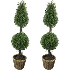 36 بوصة شجرة نبات توبياري اصطناعية 2 كرة على شكل خشب البقس الصناعي مع مزارعين لديكور المنزل والمكتب والشرفة الأمامية في الداخل والخارج مع سلة من الخيزران، ABNT001B-NTRL-2، مجموعة من 2 in Kuwait