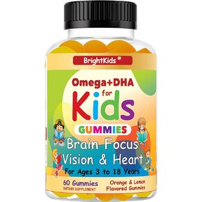 Omega+DHA Gummies for Kids & Teens, Brain Gummies for Memory and Focus, Omega 3 for Kids Supports Vision, Heart Health, Clarity, Attention | Vegetarian, Non-GMO | 60 Gummies Made in USA in Saudi Arabia